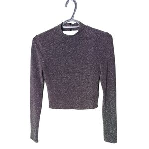 H&H Divided Sparkling Black/Silver Long‎ Sleeve Cropped Top Size Small